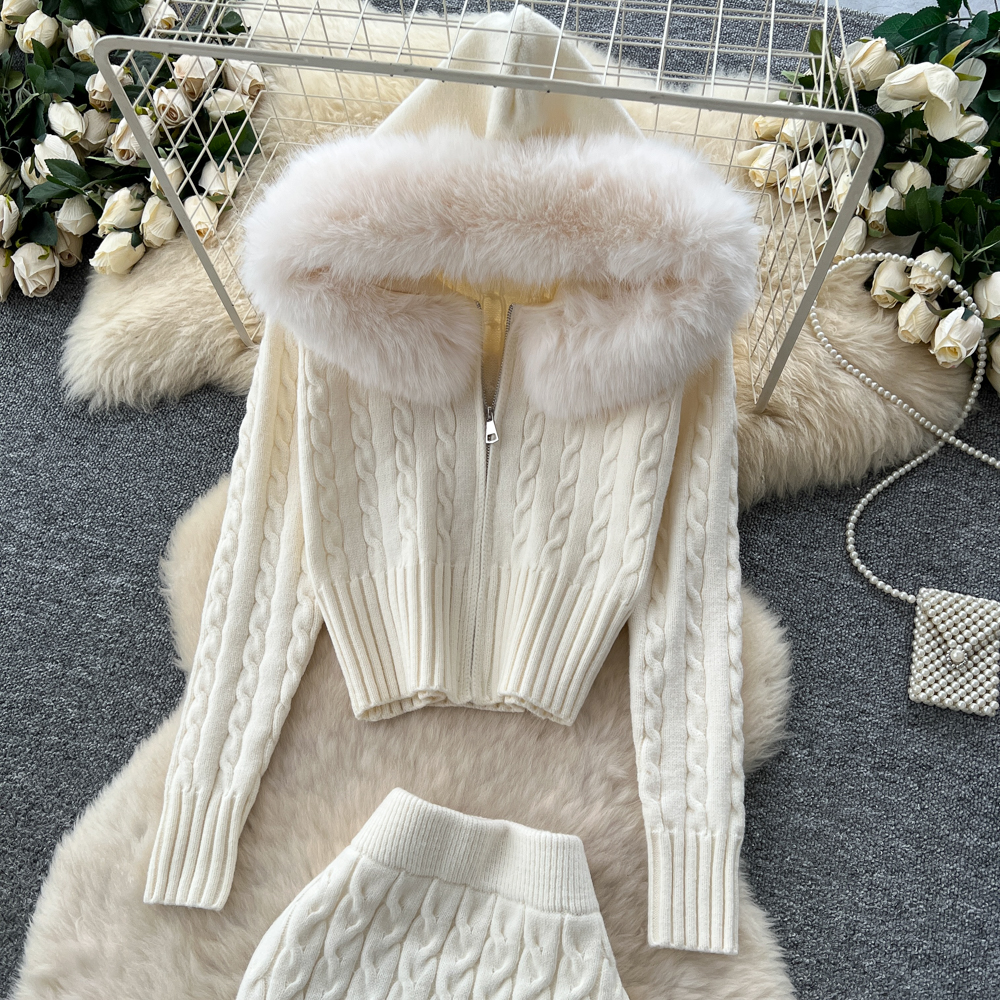 Knitted package hip niche fashion skirt 2pcs set