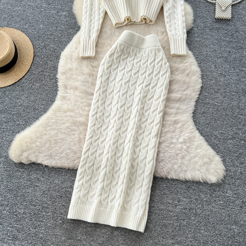 Knitted package hip niche fashion skirt 2pcs set