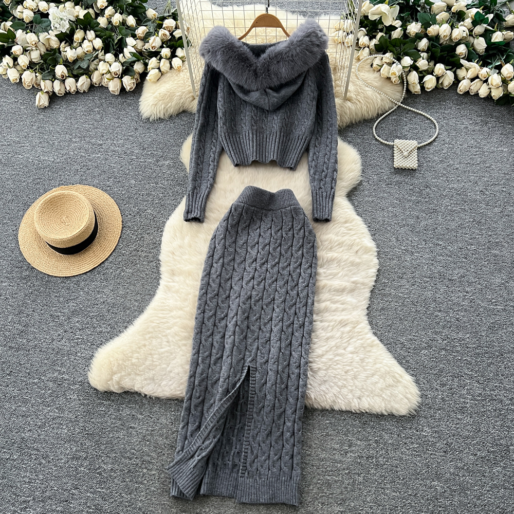 Knitted package hip niche fashion skirt 2pcs set