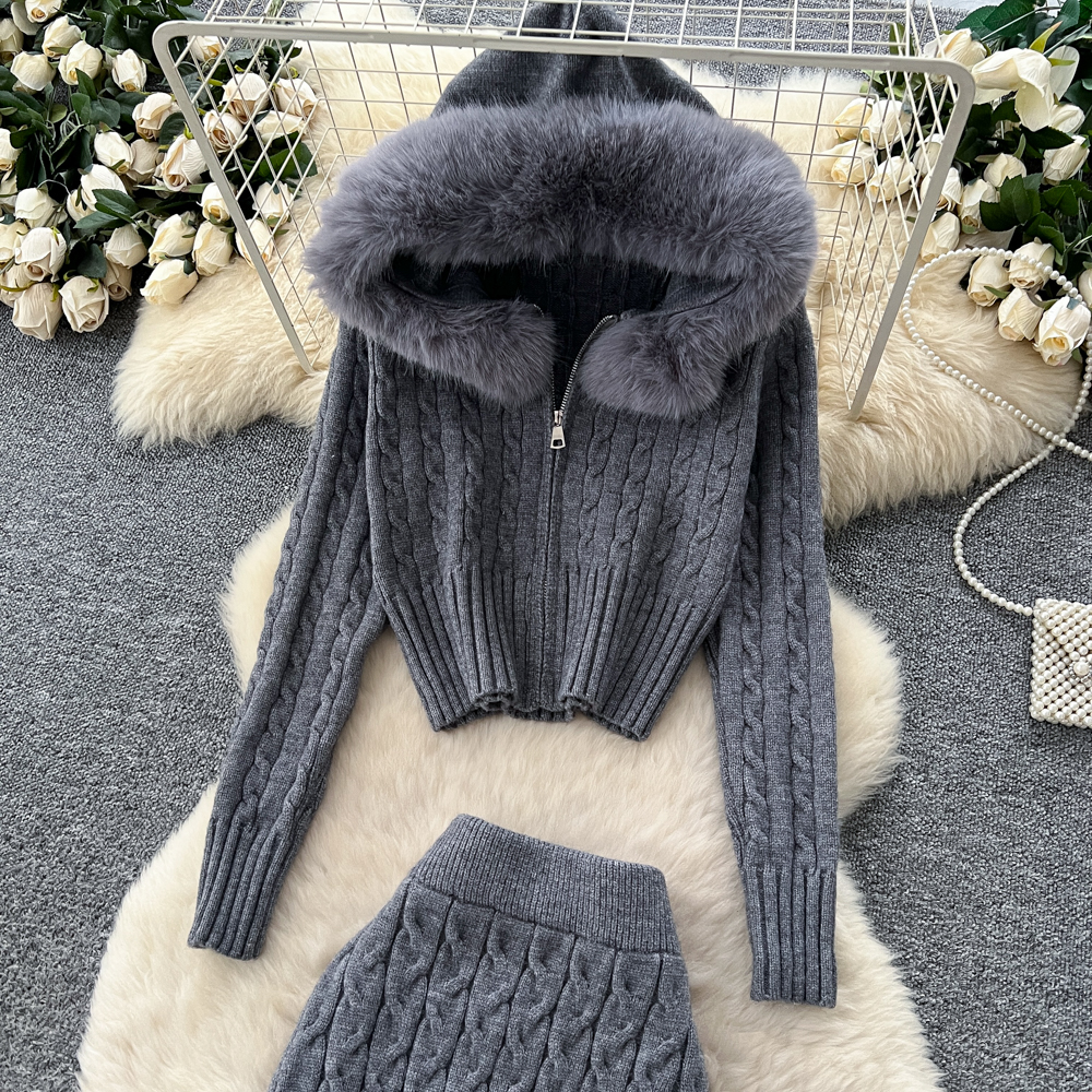 Knitted package hip niche fashion skirt 2pcs set