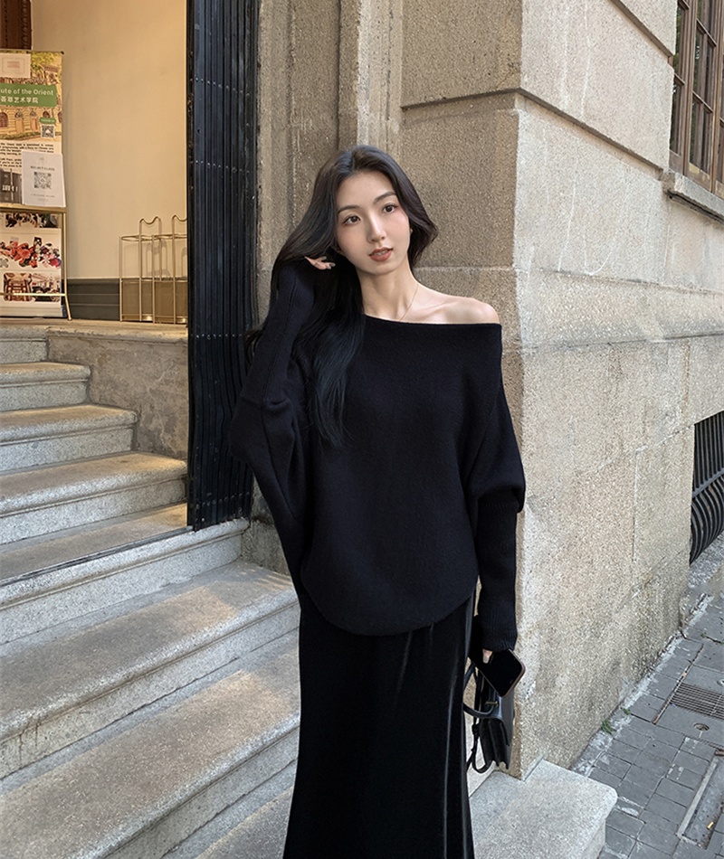 Flat shoulder bat sleeve pure tops thermal irregular sweater