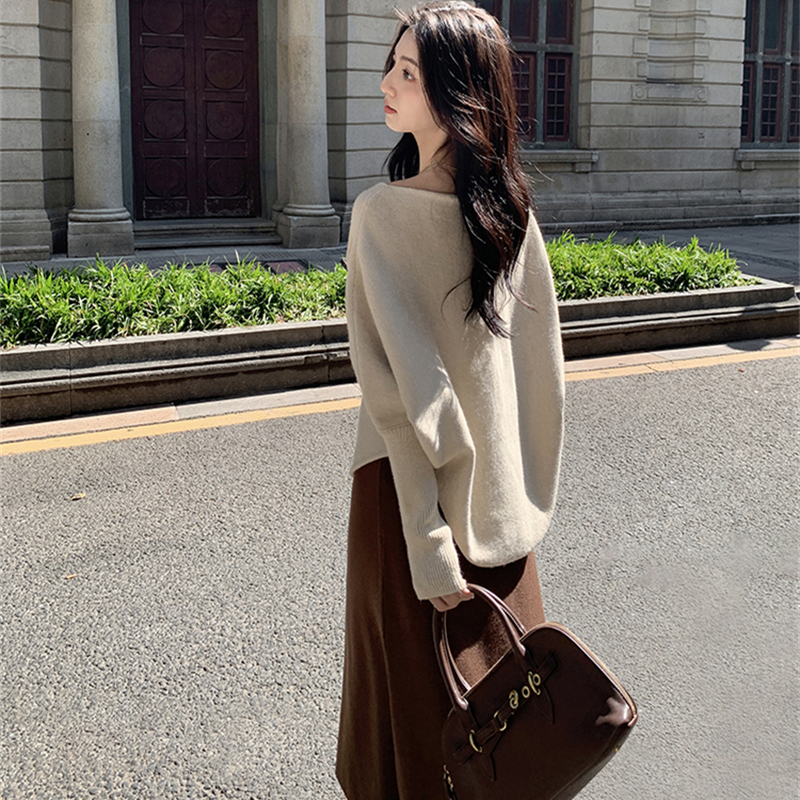 Flat shoulder bat sleeve pure tops thermal irregular sweater