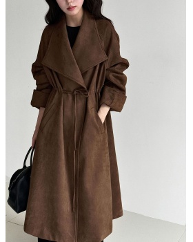 Drawstring long windbreaker large lapel coat for women