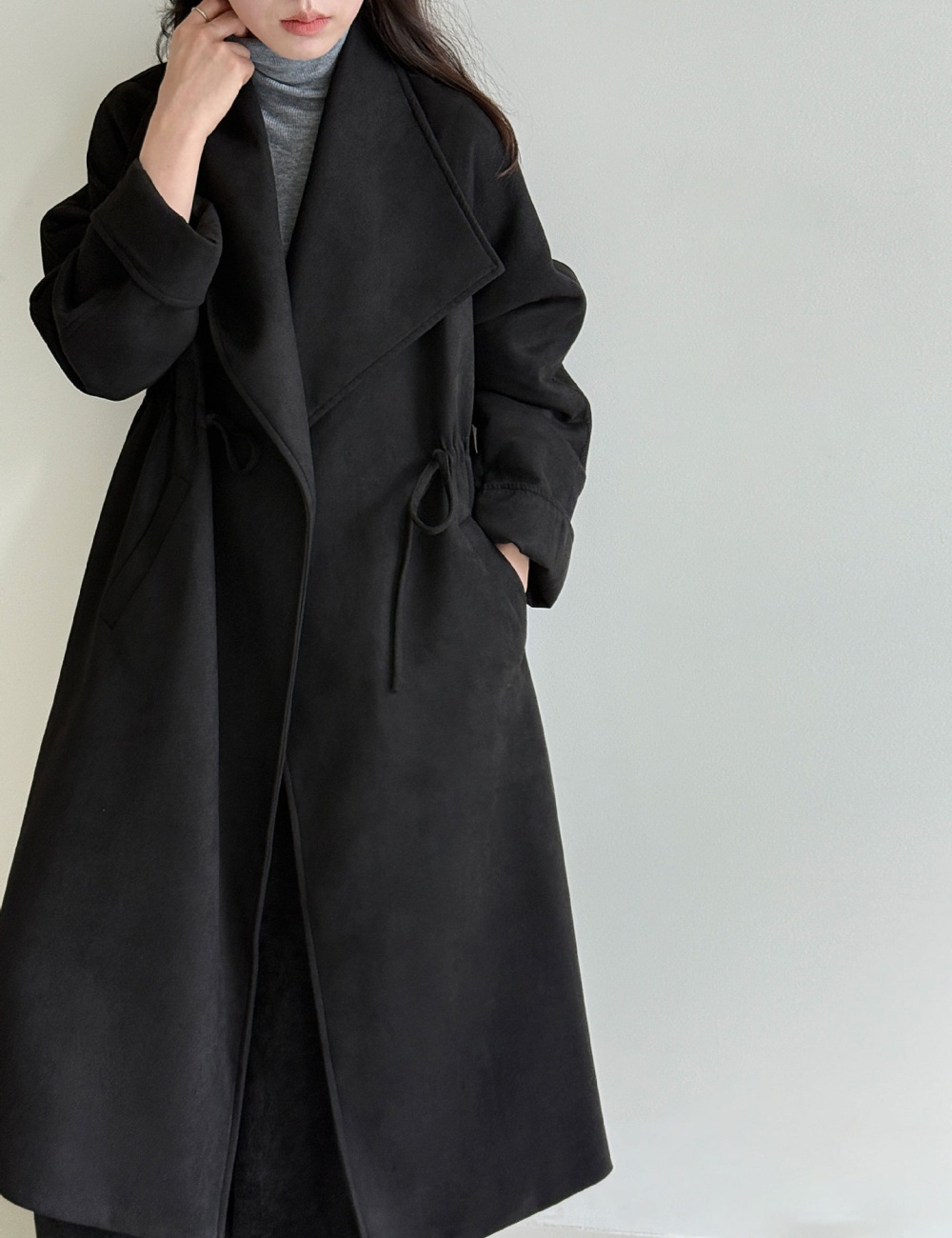 Drawstring long windbreaker large lapel coat for women