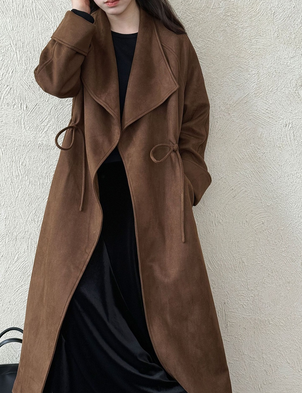 Drawstring long windbreaker large lapel coat for women