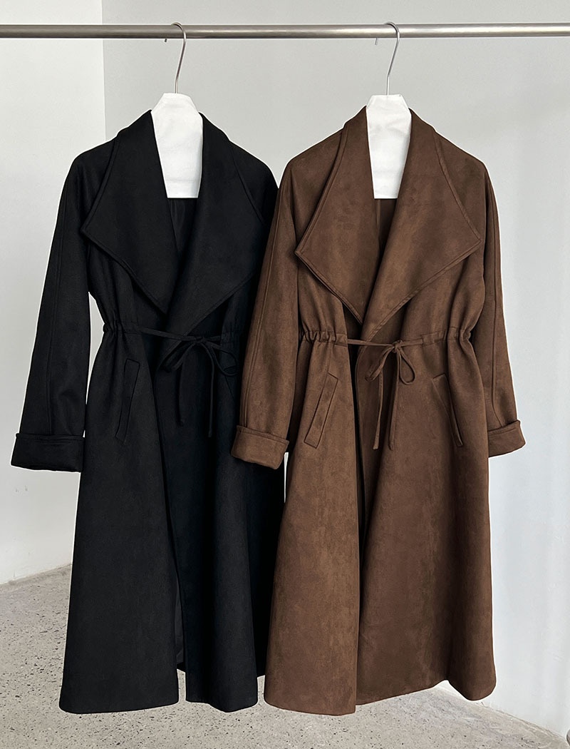 Drawstring long windbreaker large lapel coat for women