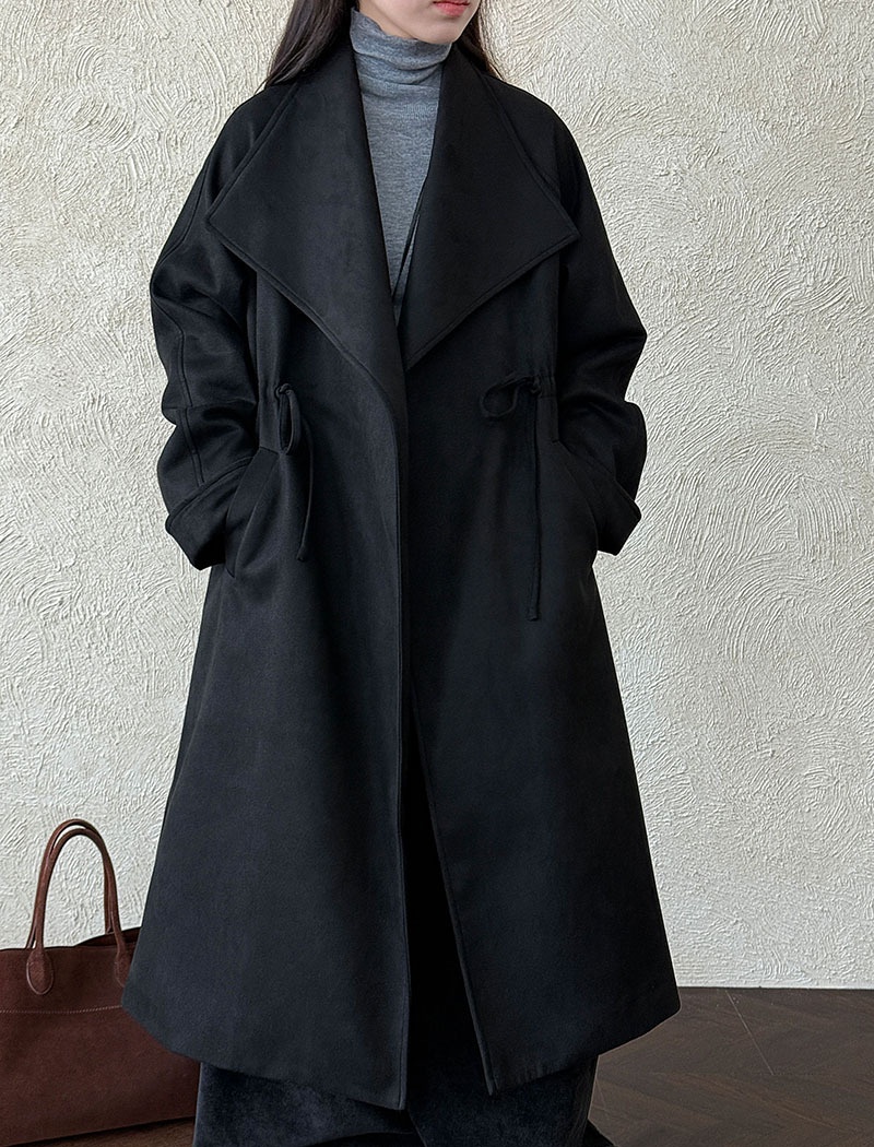 Drawstring long windbreaker large lapel coat for women