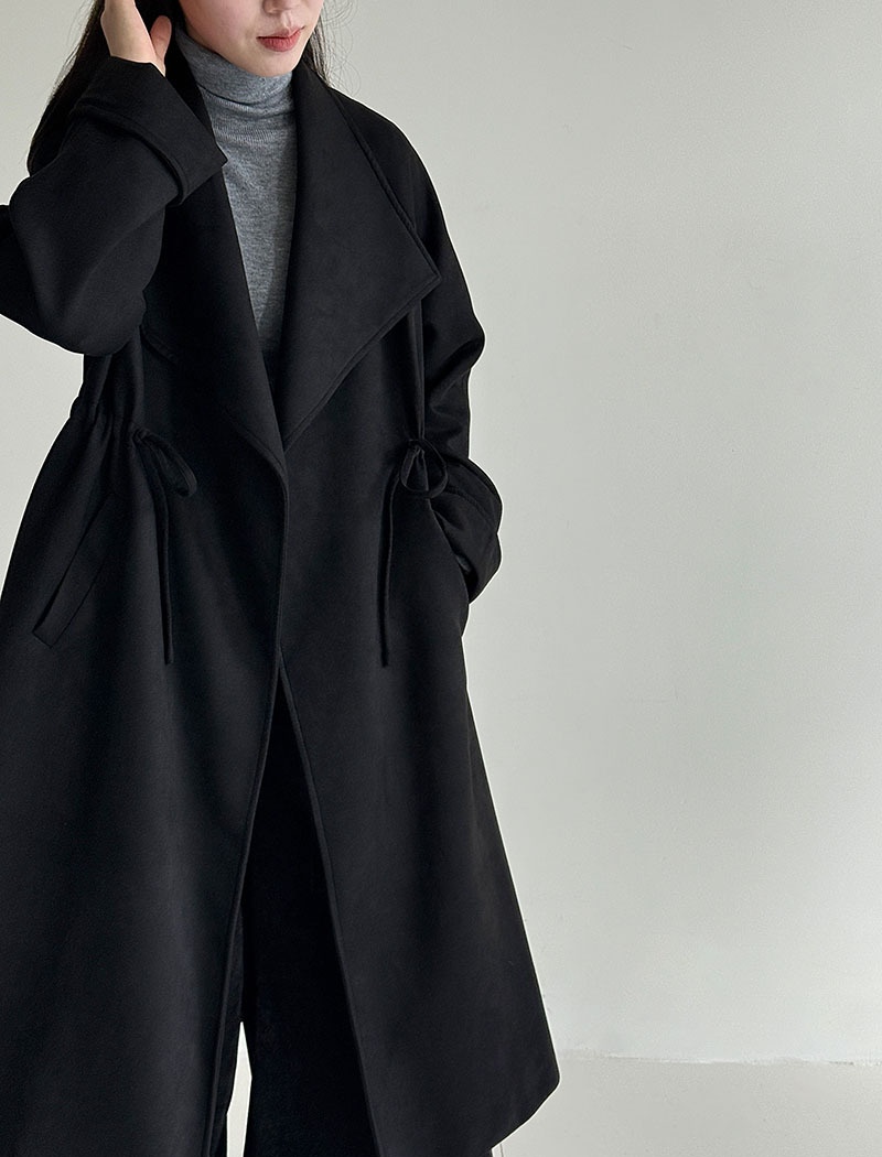 Drawstring long windbreaker large lapel coat for women