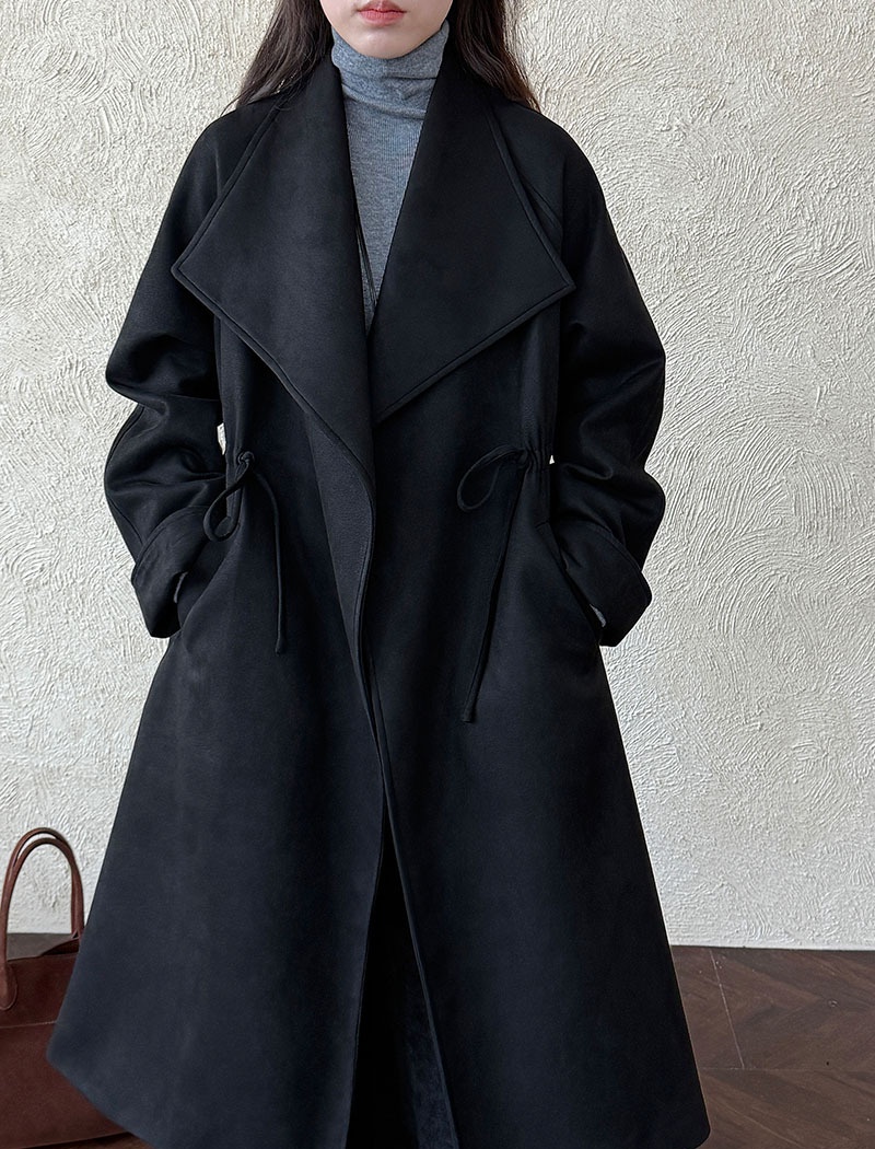 Drawstring long windbreaker large lapel coat for women