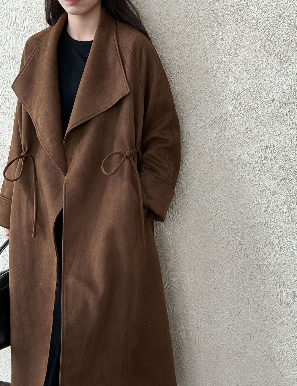 Drawstring long windbreaker large lapel coat for women