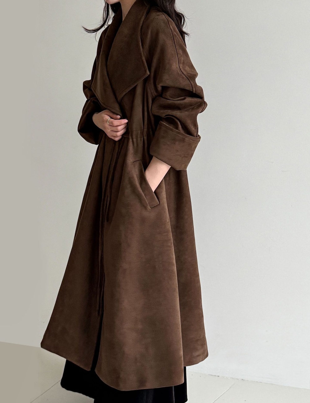 Drawstring long windbreaker large lapel coat for women