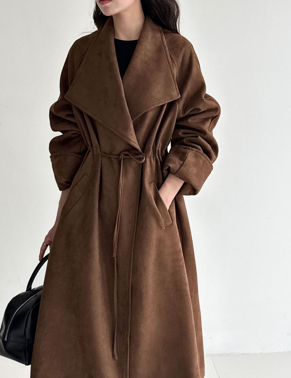 Drawstring long windbreaker large lapel coat for women