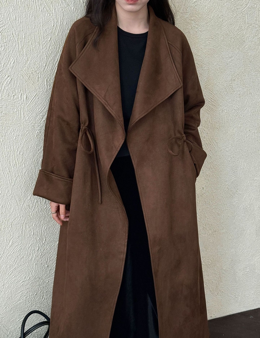 Drawstring long windbreaker large lapel coat for women