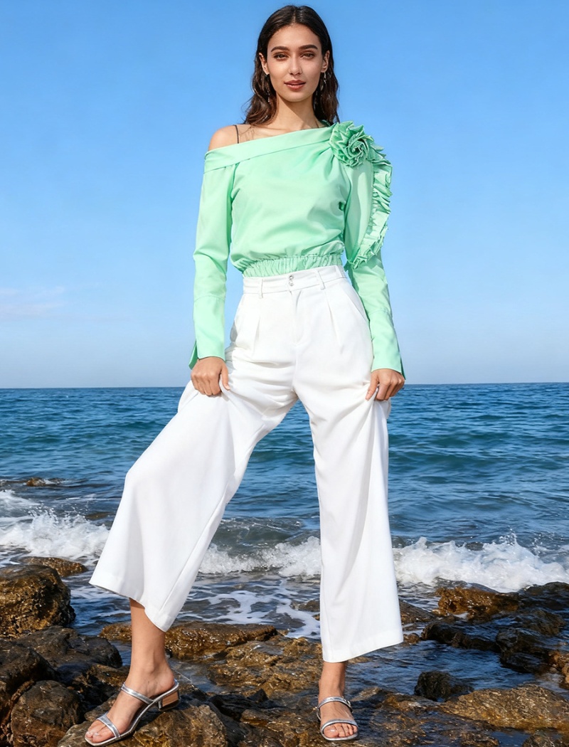 France style pure temperament tops flowers pinched waist shirt