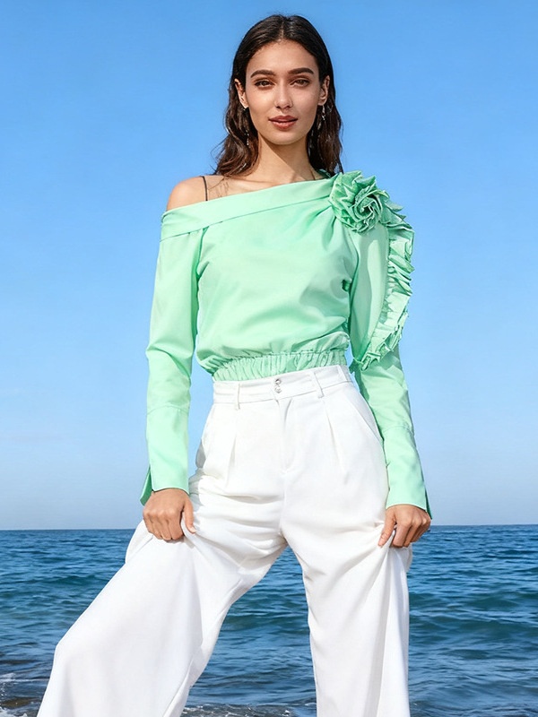 France style pure temperament tops flowers pinched waist shirt