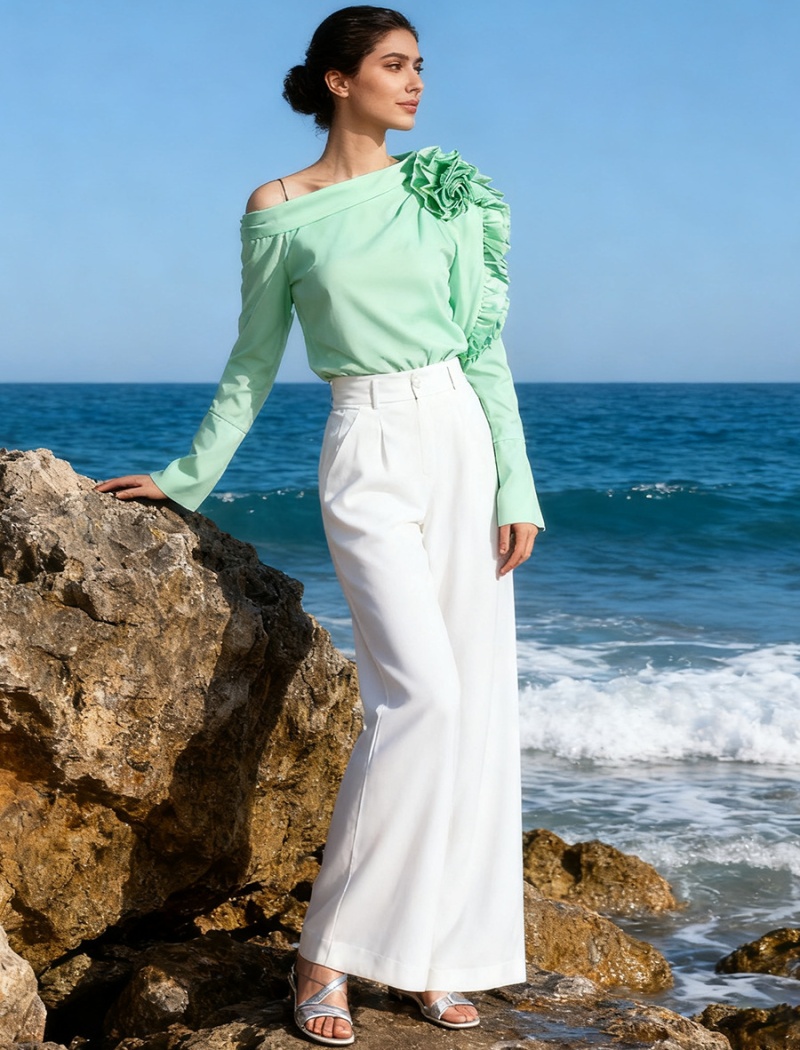 France style pure temperament tops flowers pinched waist shirt