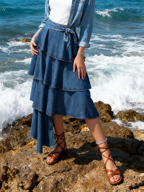 Temperament retro cake pinched waist elegant long skirt