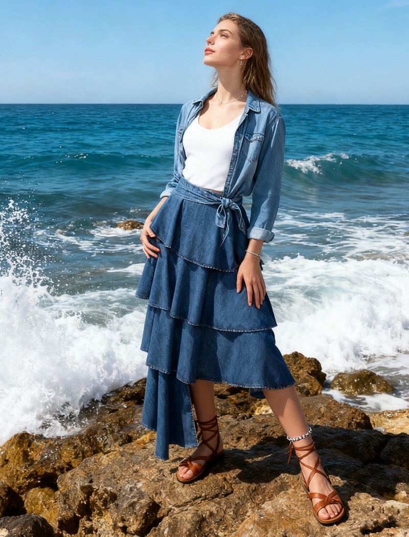 Temperament retro cake pinched waist elegant long skirt