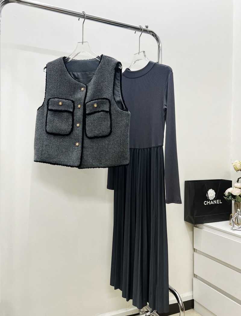 Bottoming France style vest fashion loose dress 2pcs set