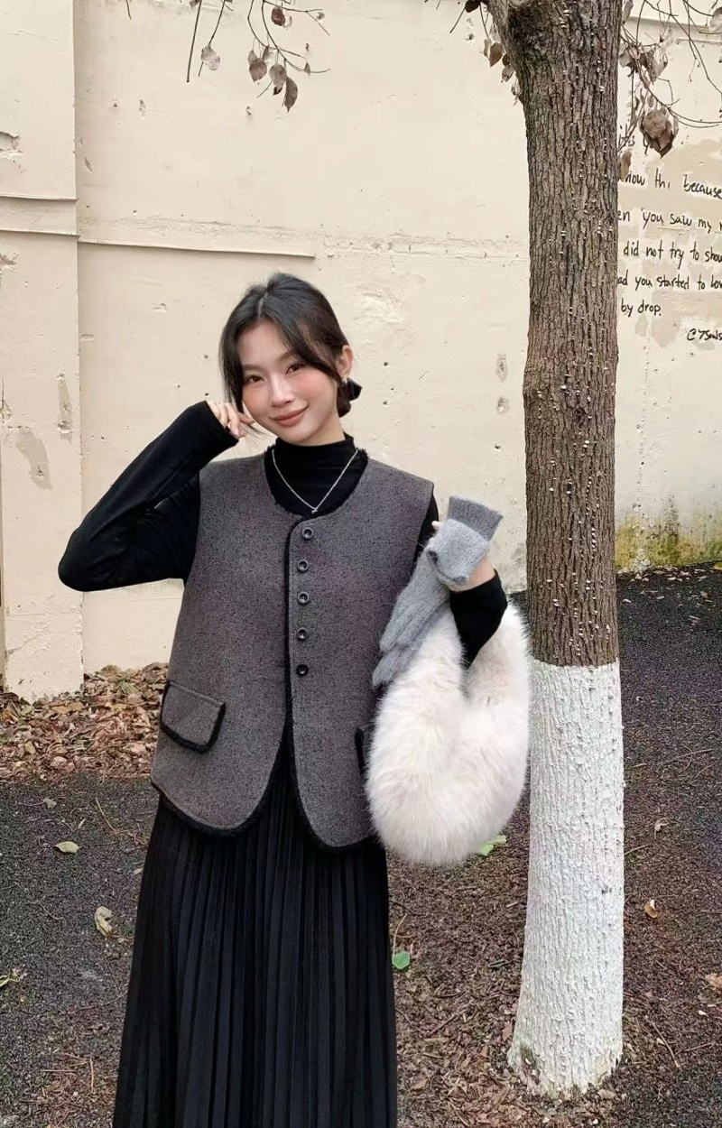 Long sleeve all-match vest fashion dress 2pcs set