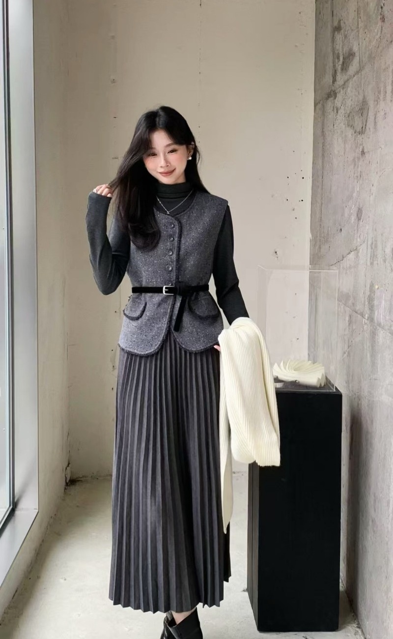 Long sleeve all-match vest fashion dress 2pcs set