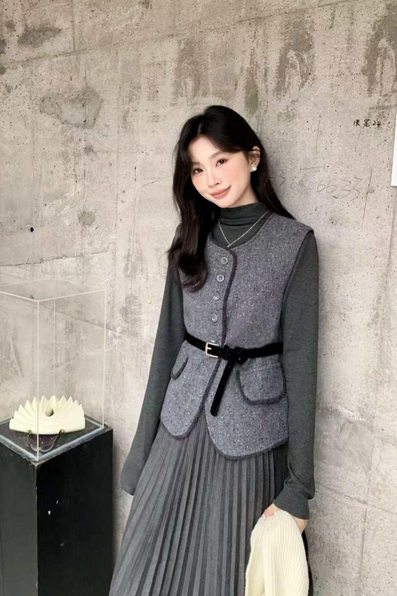 Long sleeve all-match vest fashion dress 2pcs set