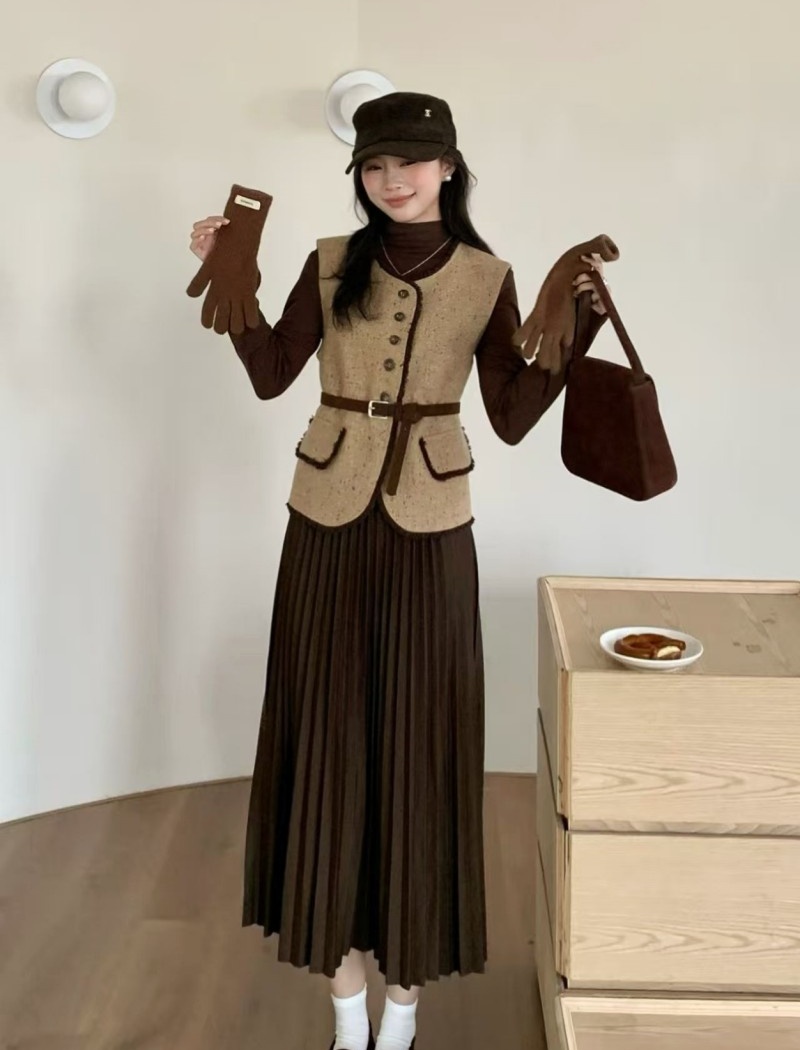 Long sleeve all-match vest fashion dress 2pcs set