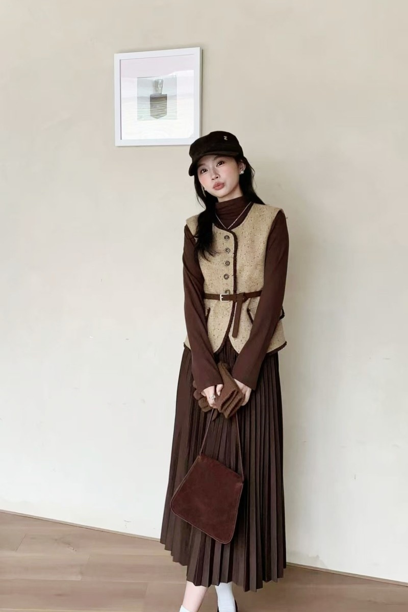 Long sleeve all-match vest fashion dress 2pcs set