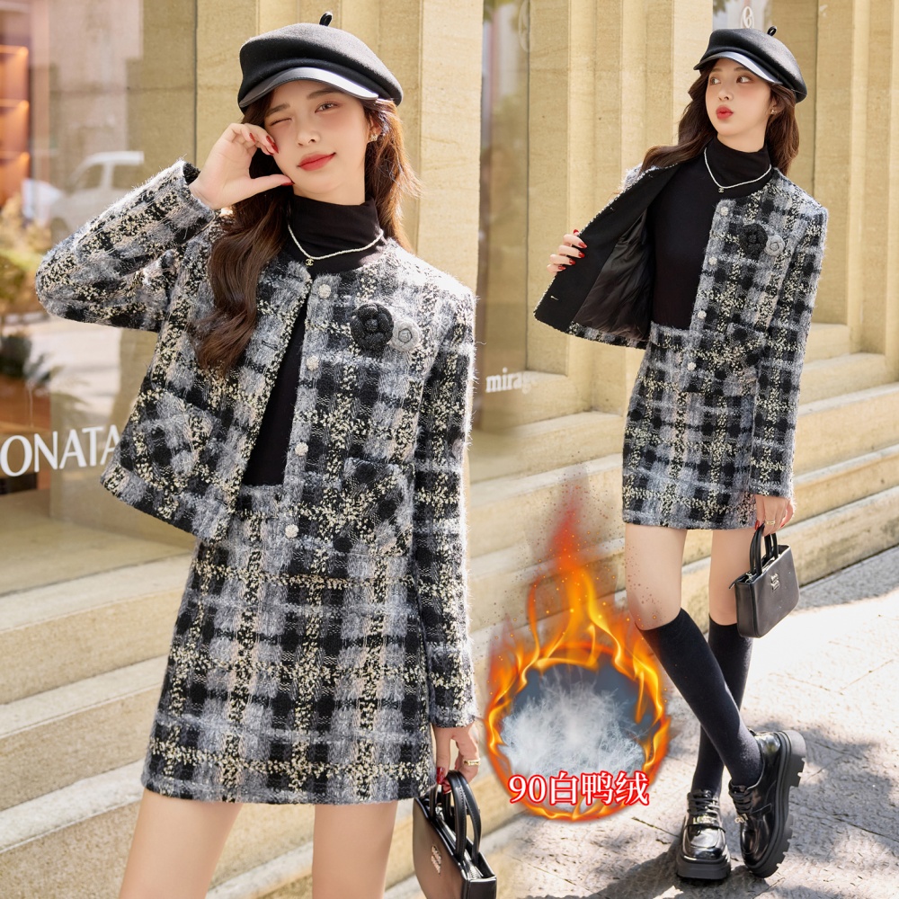 Wool with corsage coat duck down winter skirt a set