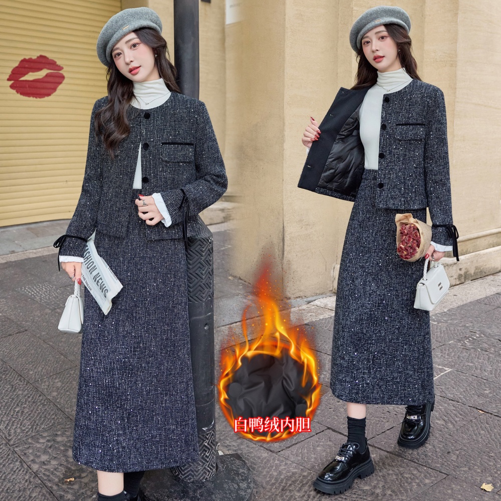 Winter chanelstyle long skirt coarse flower coat a set