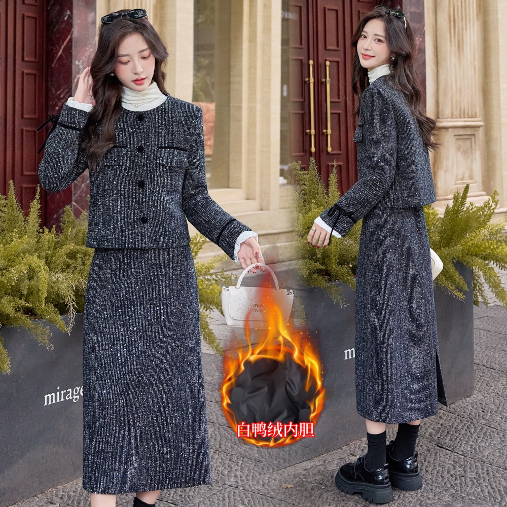 Winter chanelstyle long skirt coarse flower coat a set