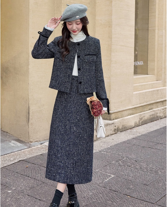 Winter chanelstyle long skirt coarse flower coat a set