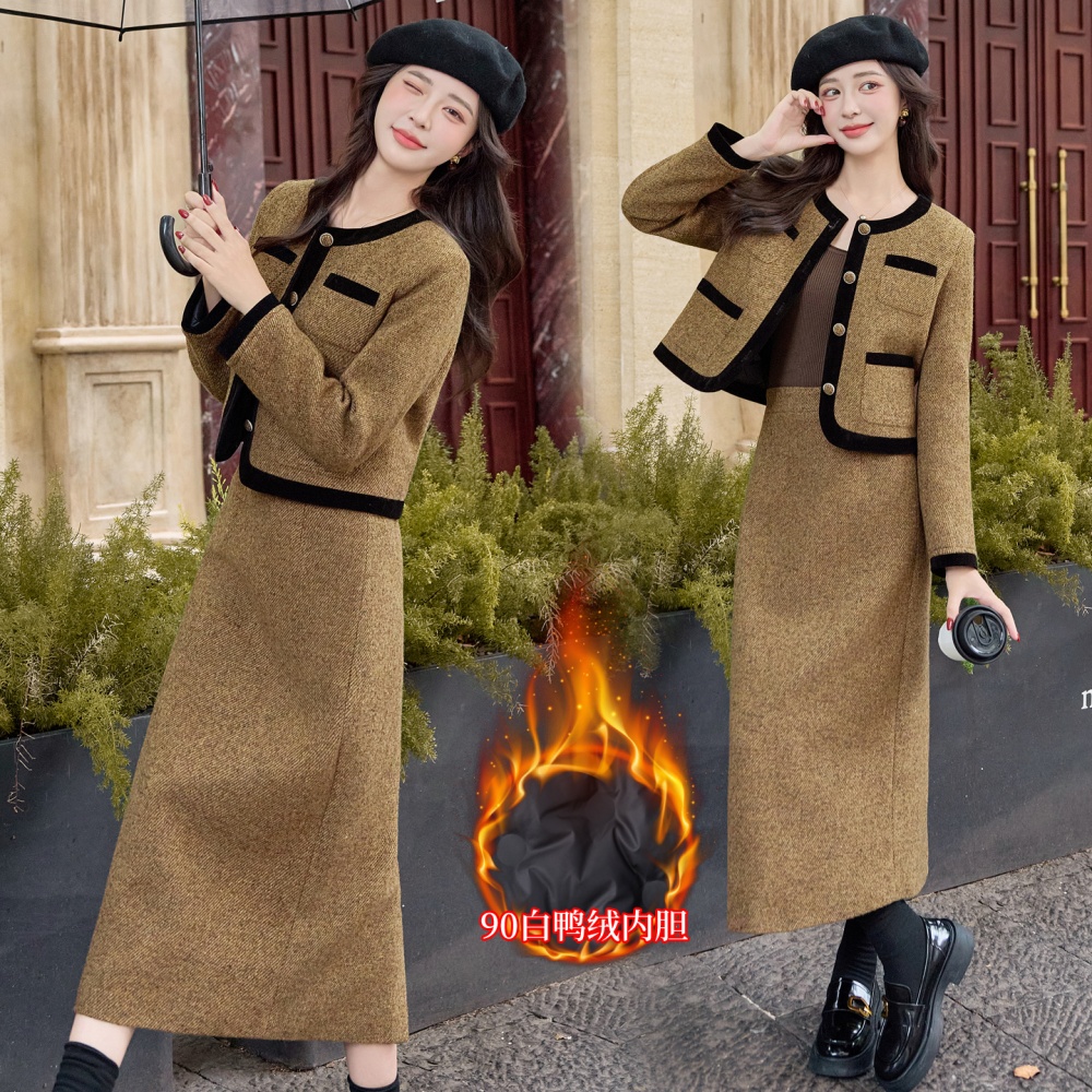 Chanelstyle duck down long skirt splice coat a set