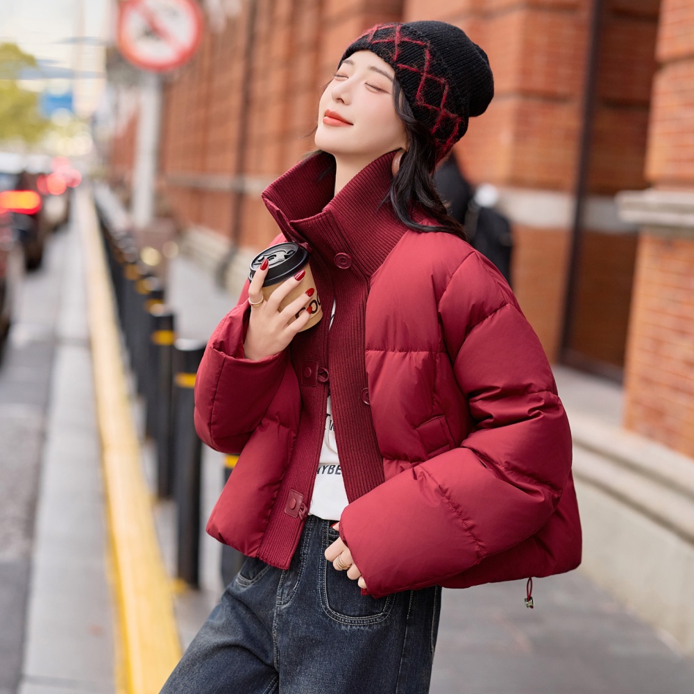 Knitted Casual red cstand collar Korean style down coat