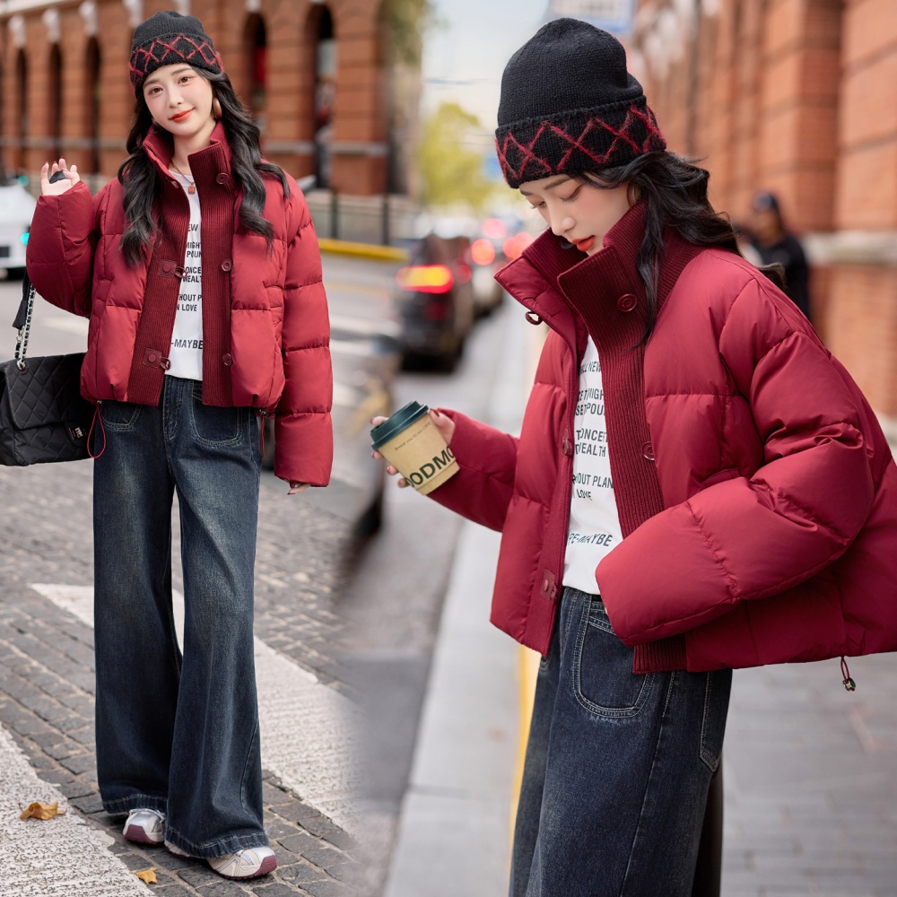 Knitted Casual red cstand collar Korean style down coat