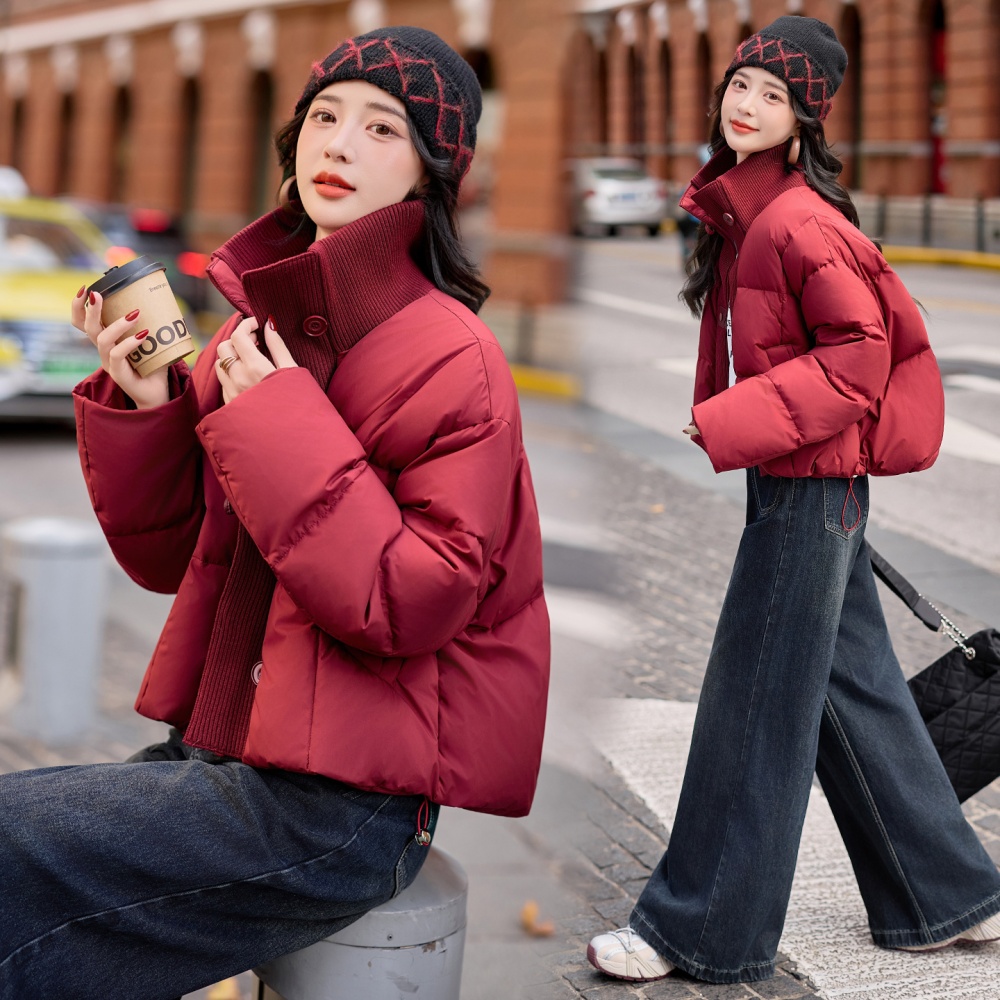Knitted Casual red cstand collar Korean style down coat