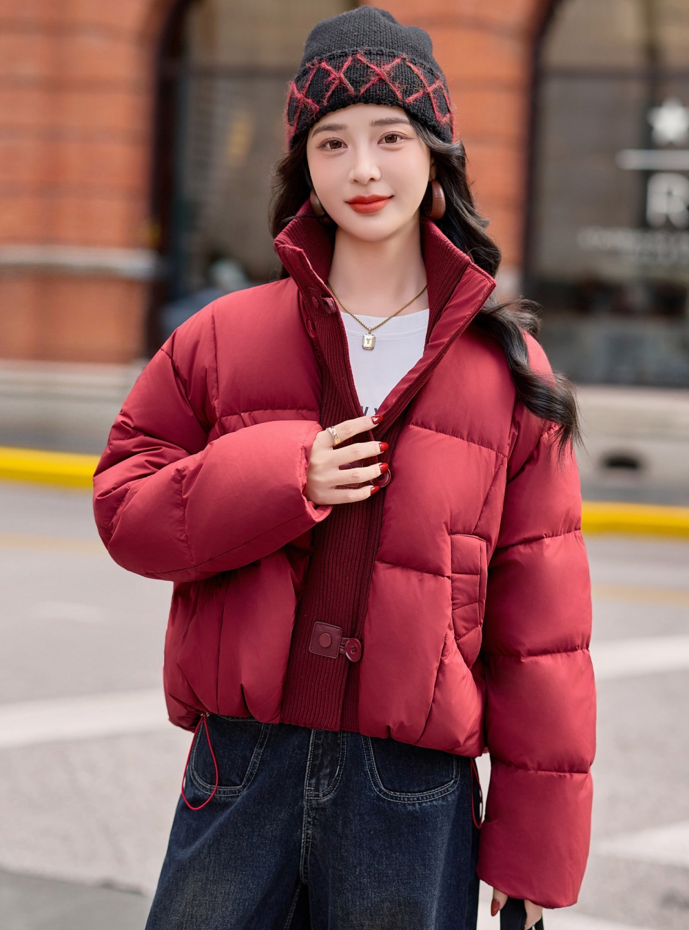Knitted Casual red cstand collar Korean style down coat