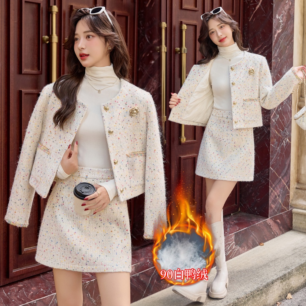Duck down rainbow coat lace winter skirt 2pcs set