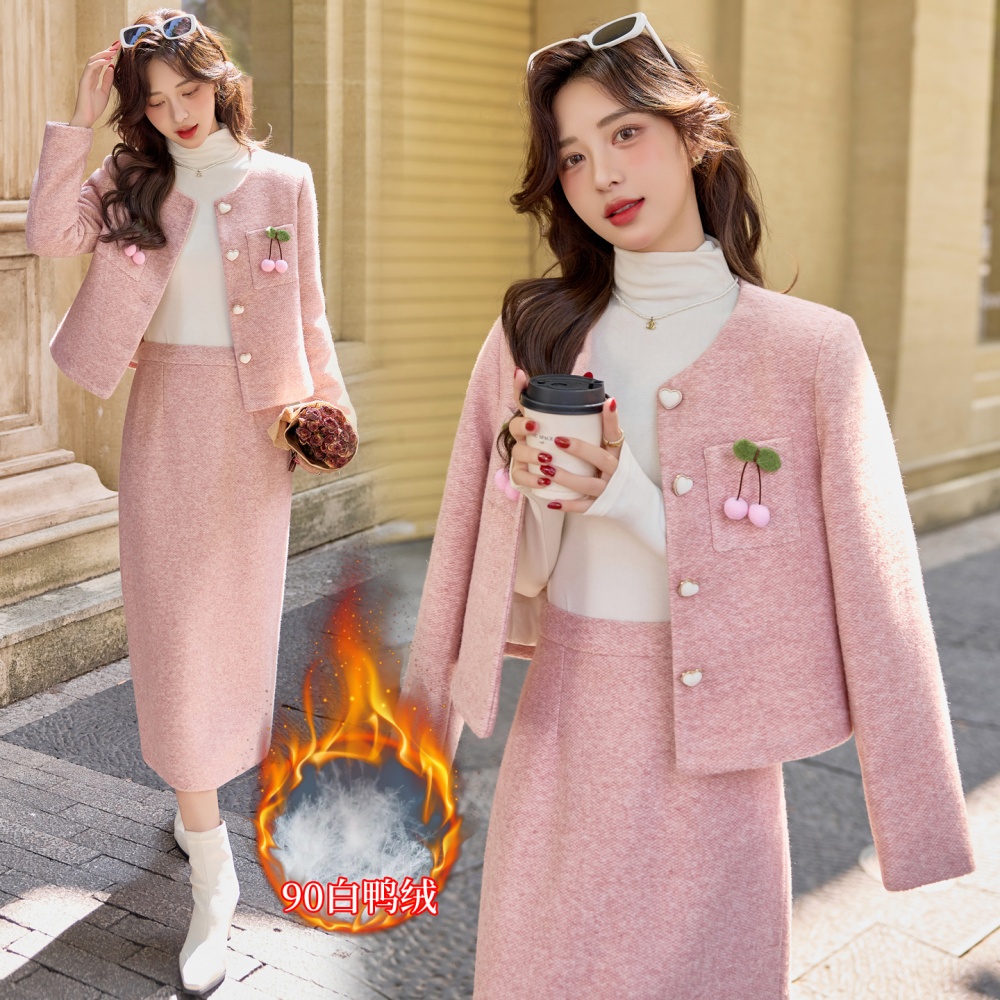 All-match winter jacket duck down long skirt 2pcs set