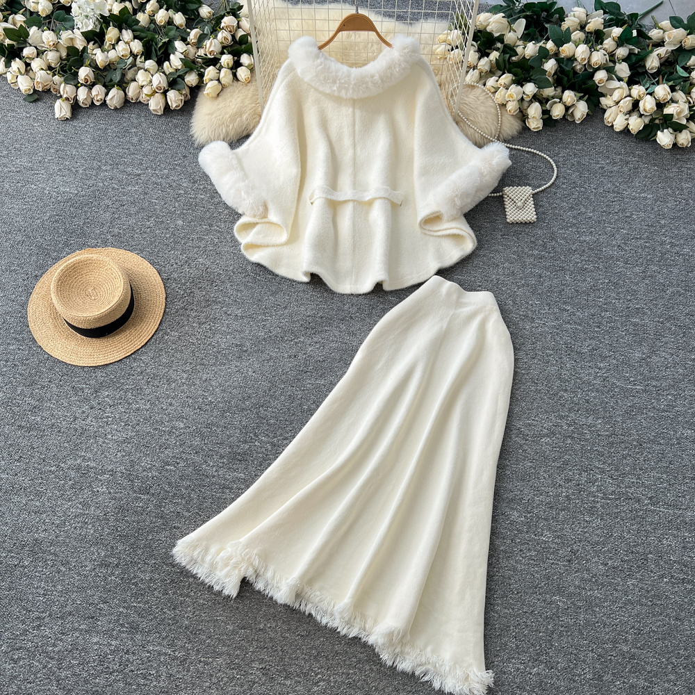 Tassels splice tops temperament skirt 2pcs set for women