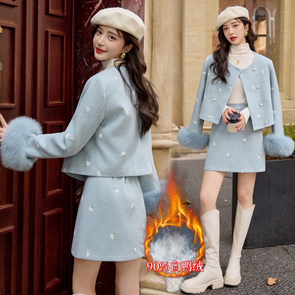 Beading fox fur short skirt jellyfish duck down coat a set