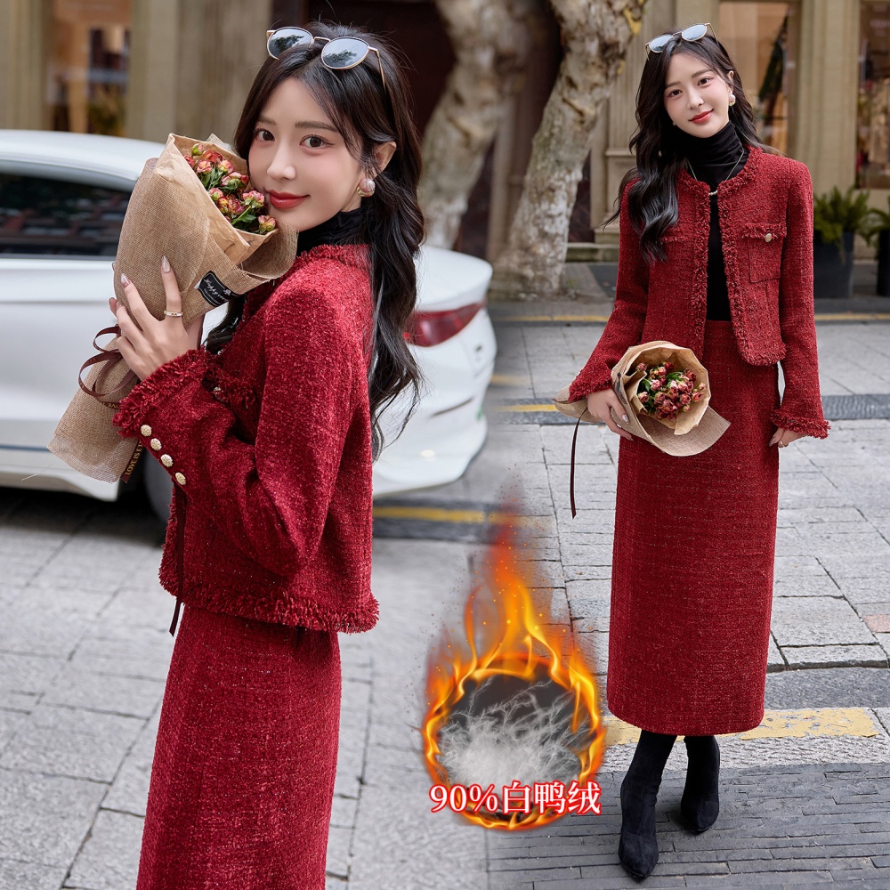 Bride winter red coat duck down down long skirt 2pcs set