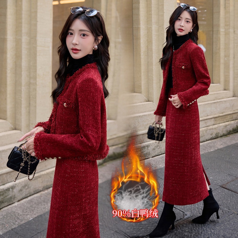 Bride winter red coat duck down down long skirt 2pcs set