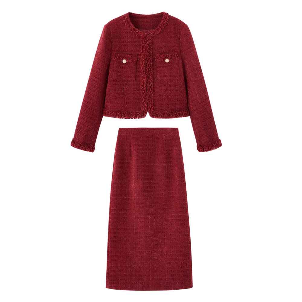 Bride winter red coat duck down down long skirt 2pcs set