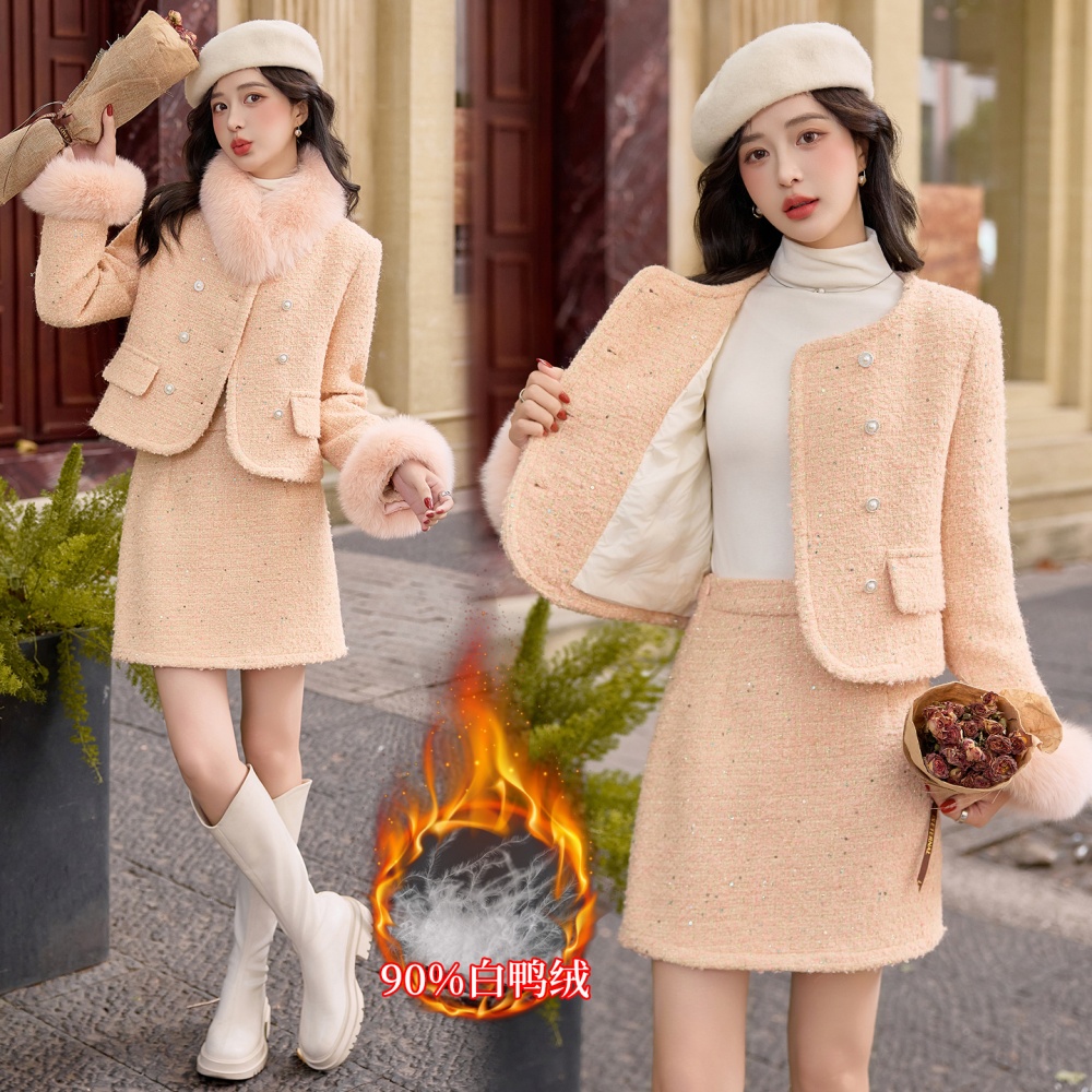 Chanelstyle fox fur short skirt duck down jacket a set