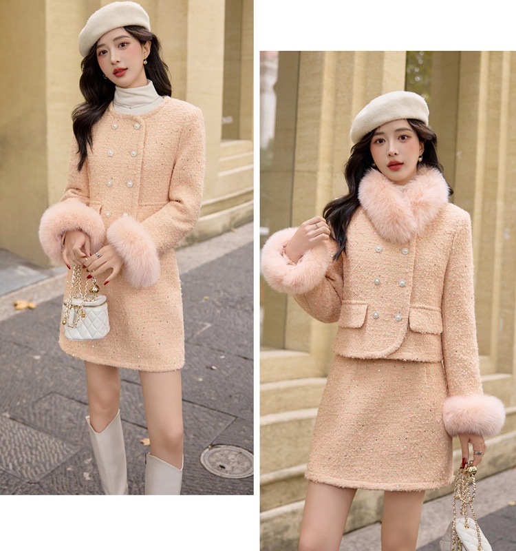 Chanelstyle fox fur short skirt duck down jacket a set