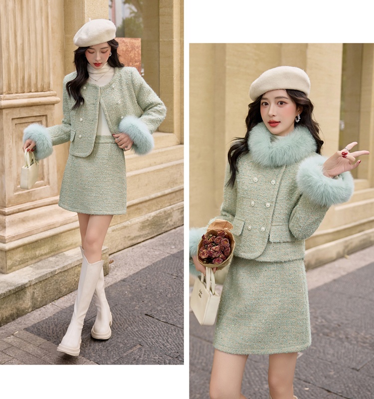 Chanelstyle fox fur short skirt duck down jacket a set