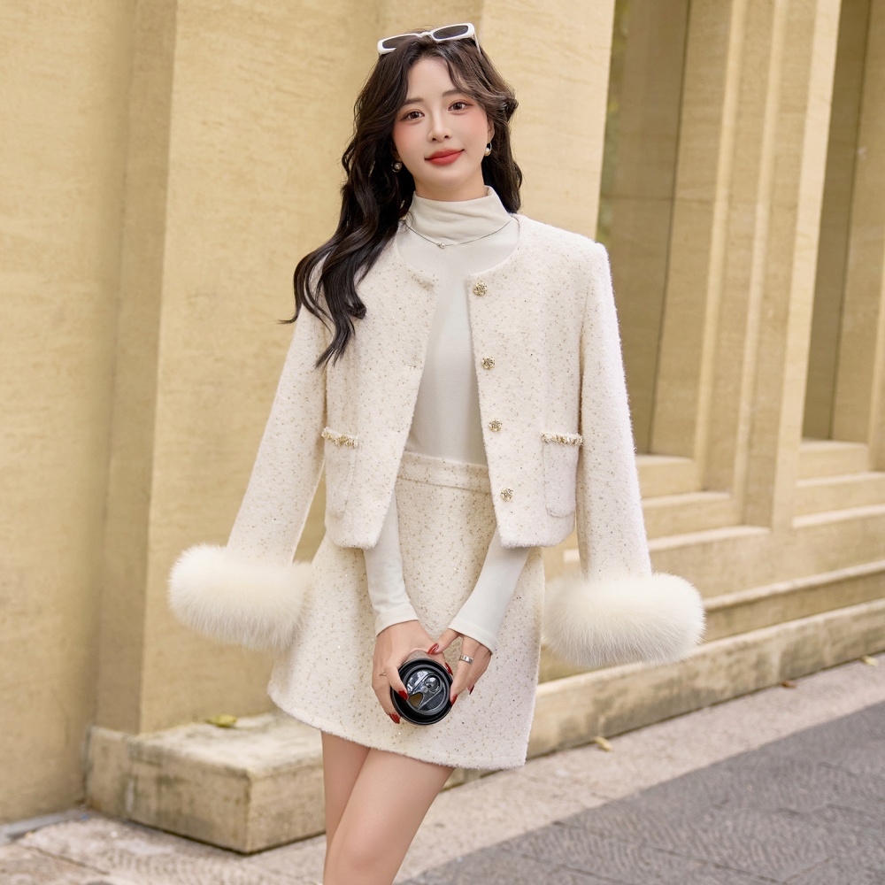 Winter chanelstyle fox fur short skirt duck down wool coat a set