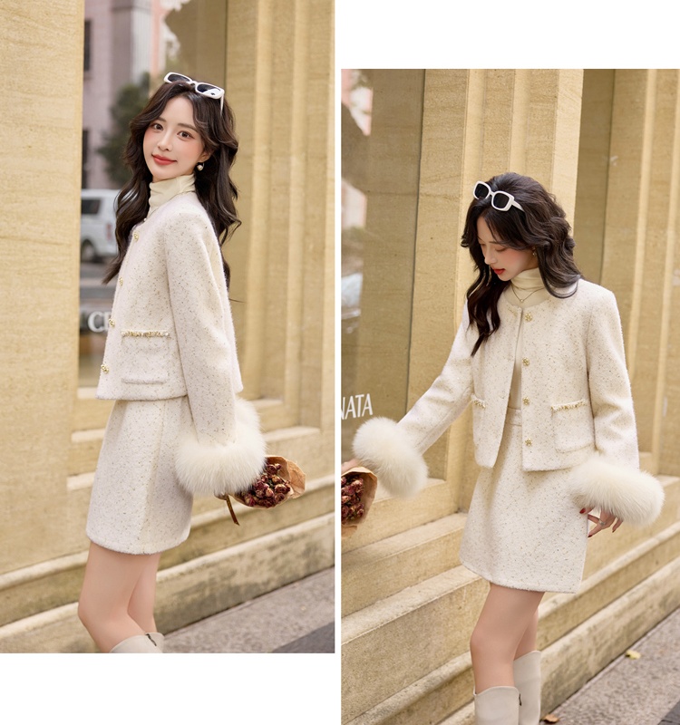 Winter chanelstyle fox fur short skirt duck down wool coat a set