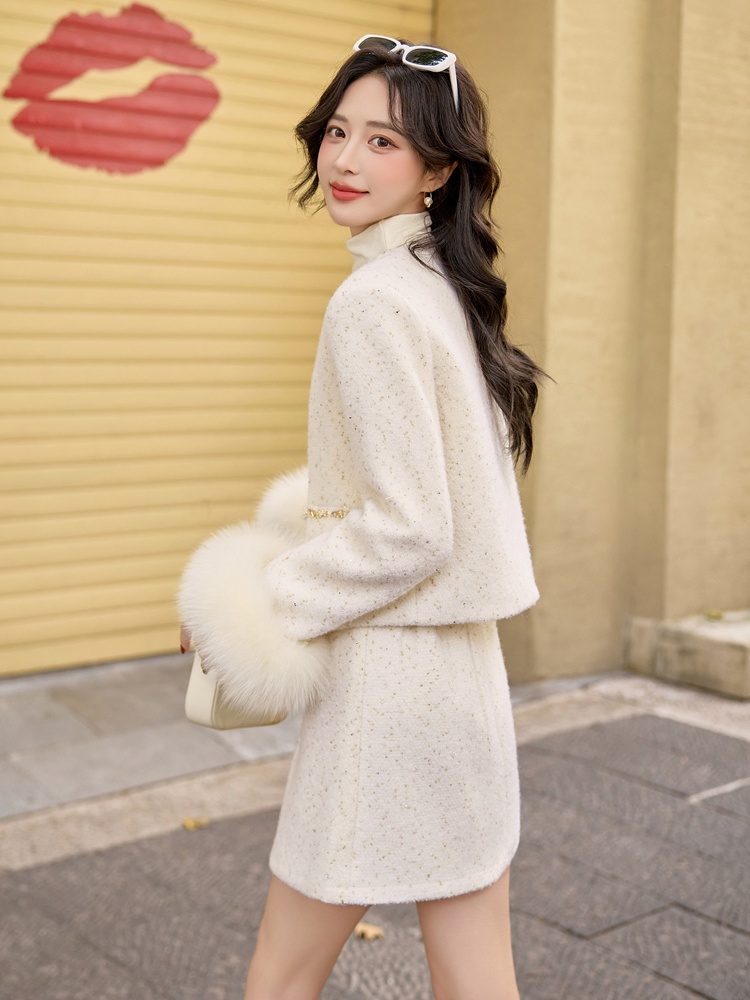 Winter chanelstyle fox fur short skirt duck down wool coat a set